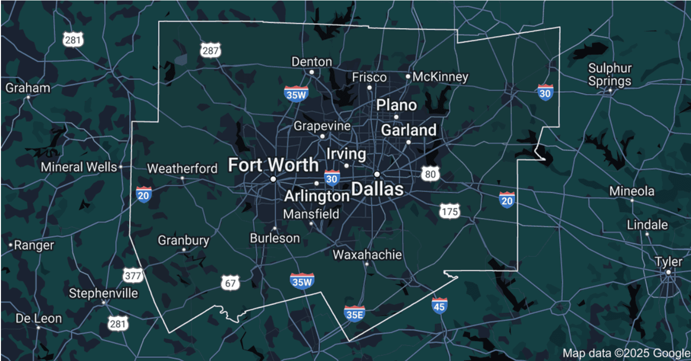 Map of the DFW metroplex service area